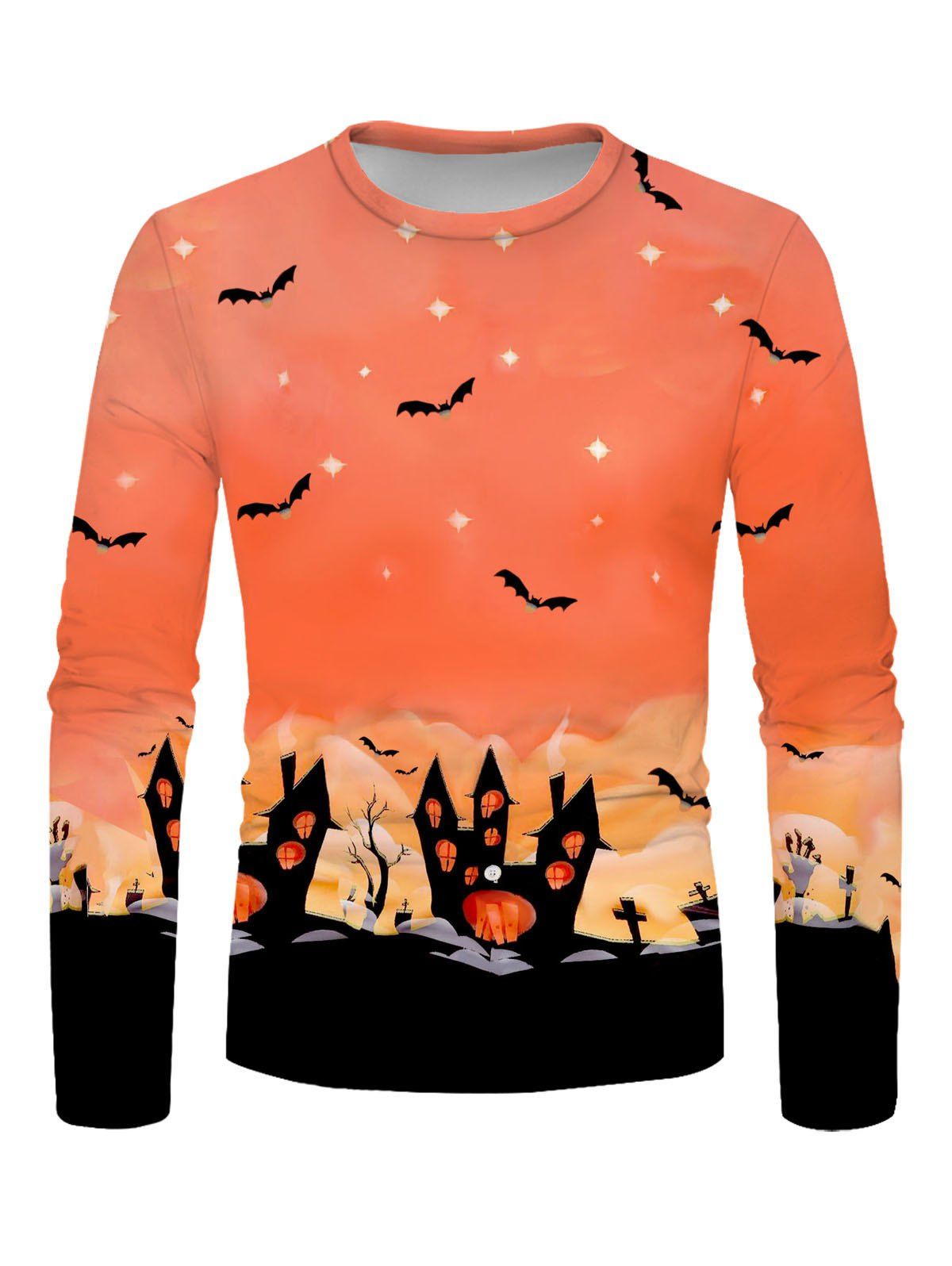 T-shirt D'Halloween Décontracté à Imprimé Château et Chauve-souris à Manches Longues à Col Rond - multicolor 4XL