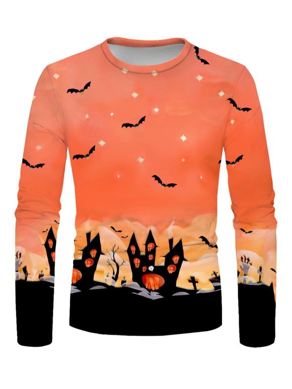 T-shirt D'Halloween Décontracté à Imprimé Château et Chauve-souris à Manches Longues à Col Rond - multicolor XL