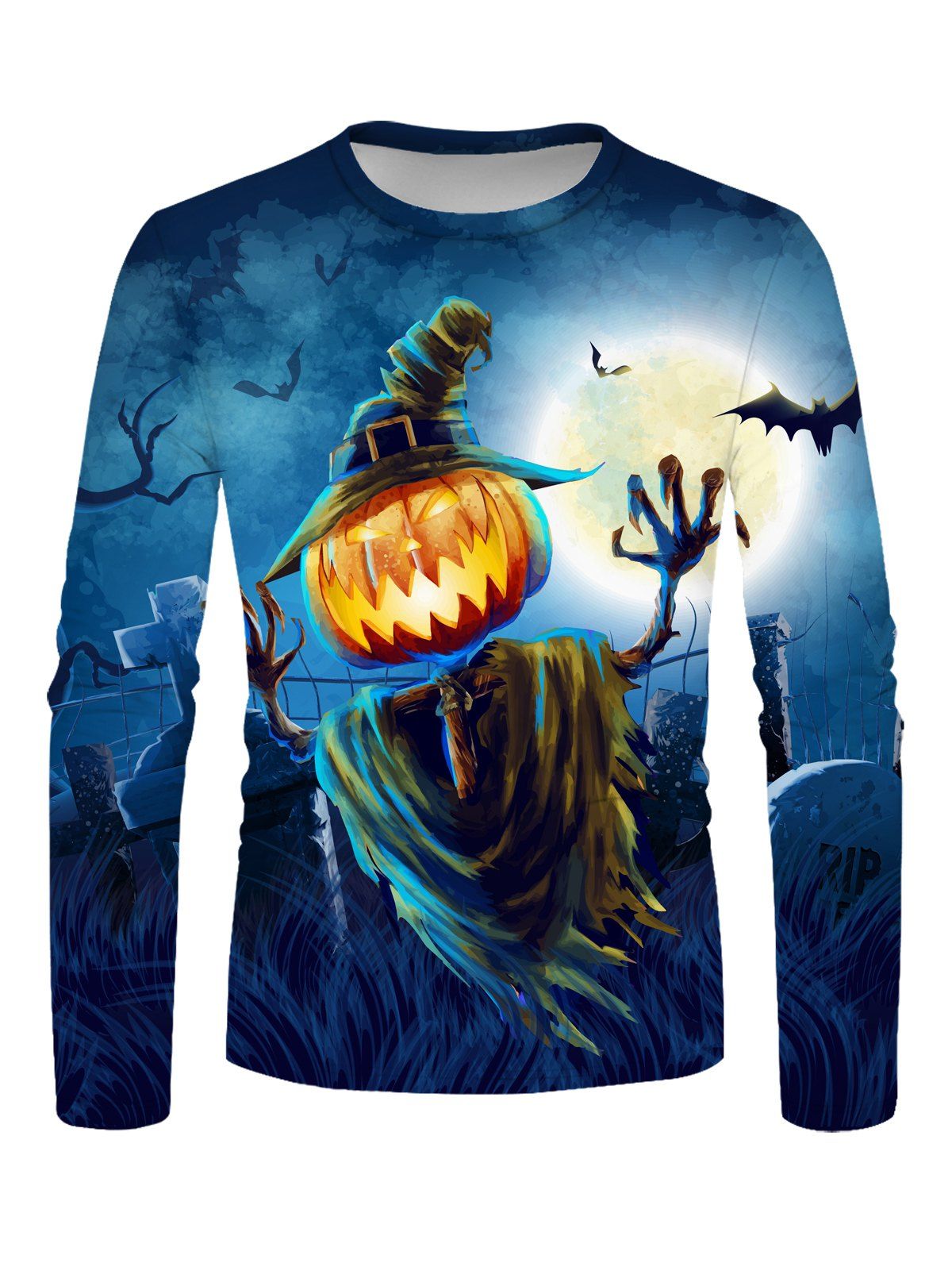 Halloween T Shirt Pumpkin Scarecrow Moon Night Bat Print Long Sleeve Tee - multicolor 4XL