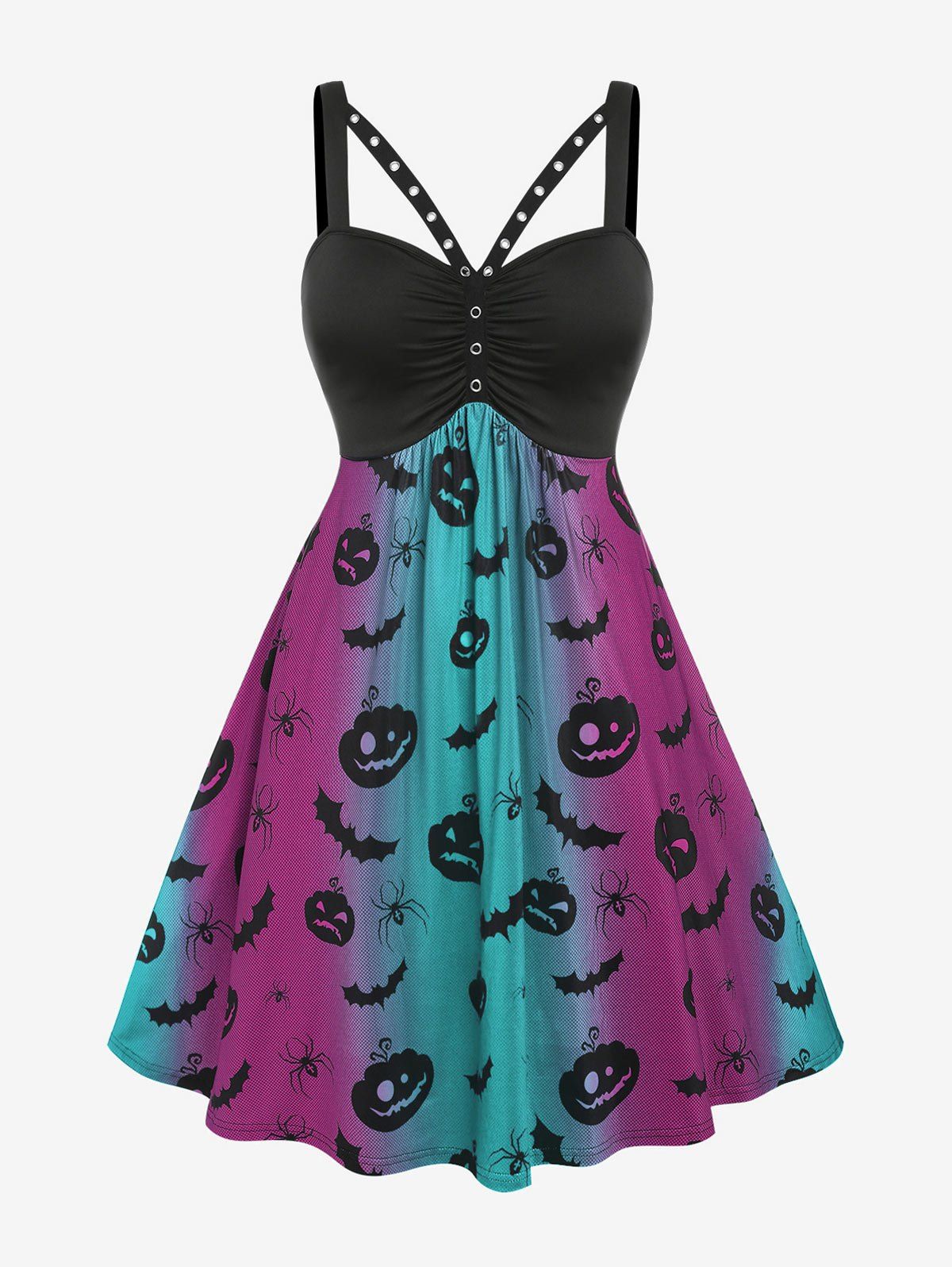 Plus Size Grommet Pumpkin Bat Print Dress - PURPLE 3X