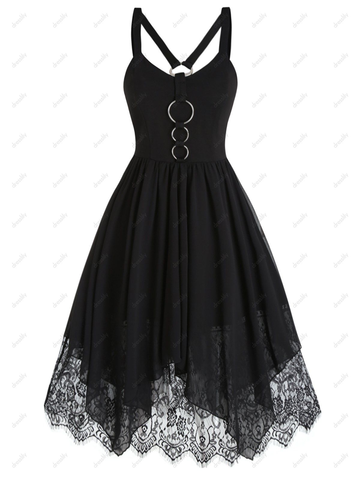 Floral Lace Chiffon Dress O Rings Asymmetric Gothic Dress Backless High Waist Dress - BLACK S