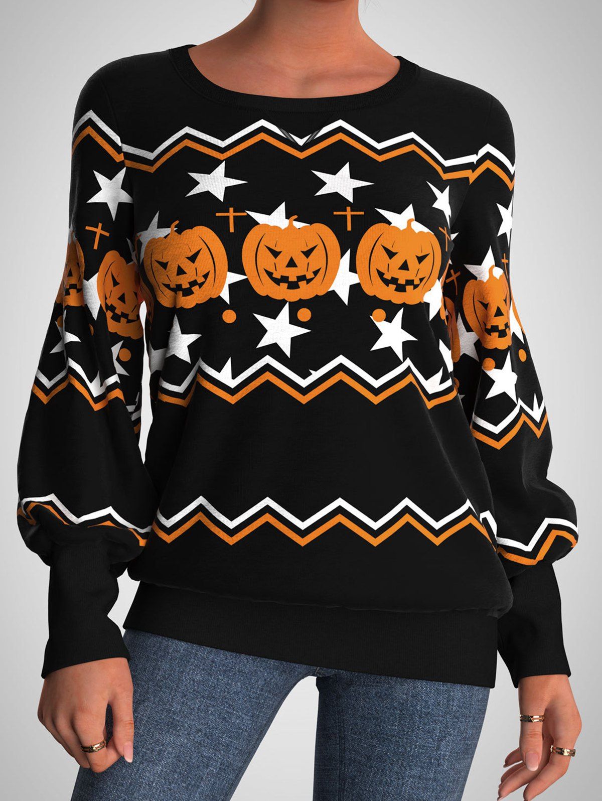Sweat-shirt D'Halloween à Imprimé Etoile Citrouille Zigzag à Manches Longues - Orange Foncé L
