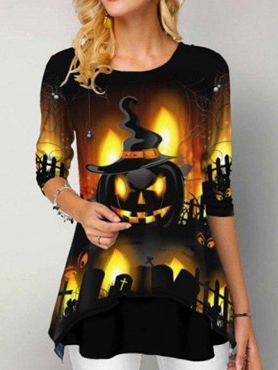 T-shirt D'Halloween à Imprimé Toile D'Araignée Citrouille de Sorcière à Manches Longues à Col Rond - multicolor A M