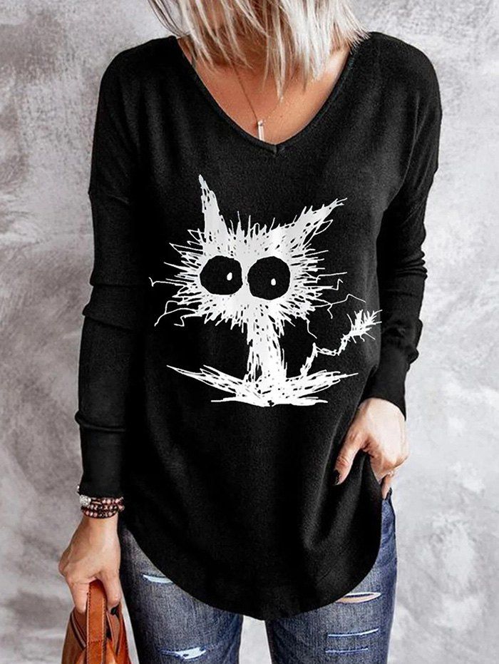 Contrast Cartoon Cat Print T-shirt Long Sleeve Curved Hem V Neck Tee - BLACK XXL
