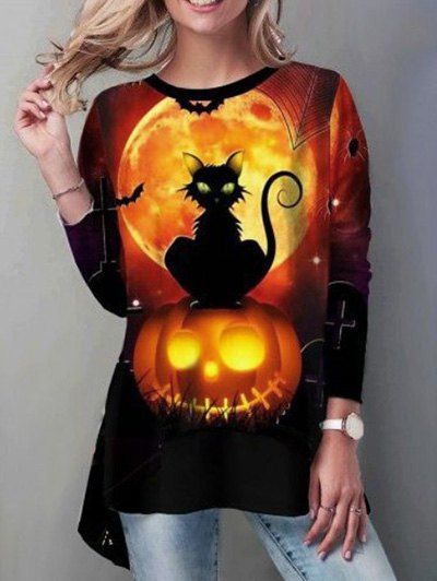 T-shirt D'Halloween Asymétrique à Imprimé Chat et Citrouille à Manches Longues - multicolor A 2XL