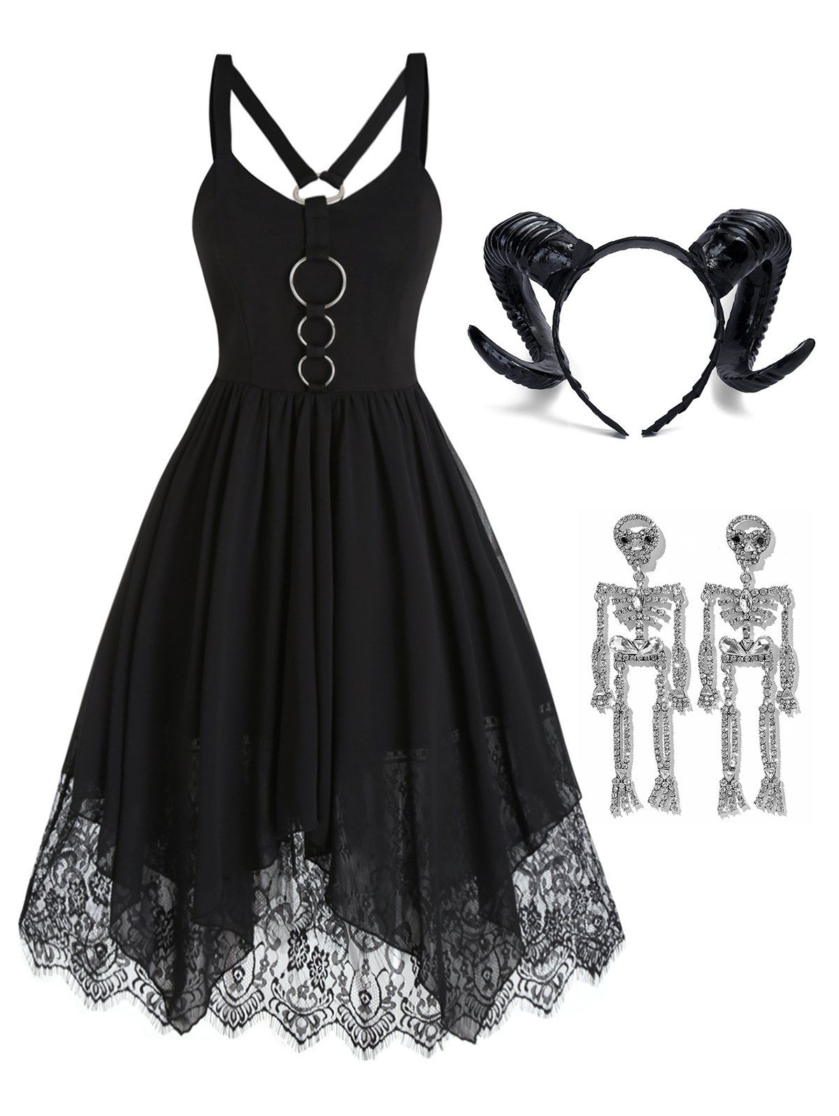 Floral Lace Chiffon O Rings Asymmetric Dress And Cow Horns Hairband Skeleton Earrings Halloween Outfit - BLACK S