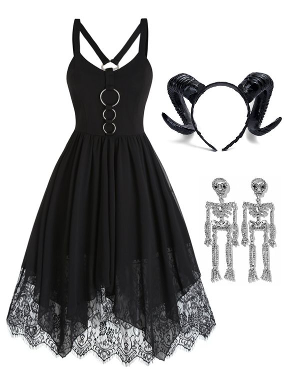 Bandeau et Boucles D'Oreilles et Robe D'Halloween Longue Asymétrique en O Fleurie en Dentelle en Mousseline - Noir S