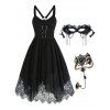 Floral Lace Chiffon O Rings Asymmetric Dress And Party Mask Heart Lace Bracelet Halloween Outfit - BLACK S