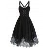 Floral Lace Chiffon Dress O Rings Asymmetric Gothic Dress Backless High Waist Dress - BLACK S