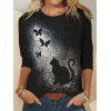 Butterfly Cat Print T Shirt Round Neck Casual Long Sleeve Gothic Tee - BLACK S