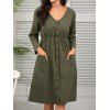 Long Sleeve Dress Mock Button Elastic High Waist Pockets V Neck Casual Dress - GREEN M