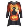 T-shirt D'Halloween Asymétrique à Imprimé Chat et Citrouille à Manches Longues - multicolor A XL