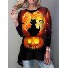 T-shirt D'Halloween Asymétrique à Imprimé Chat et Citrouille à Manches Longues - multicolor A M