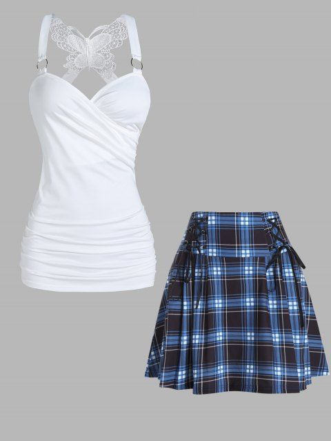 Ruched Butterfly Lace Surplice Tank Top And Plaid Print Lace Up Pleated Mini Skirt Casual Outfit