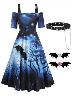 Bat Moon Night Print Cold Shoulder Midi Dress With Buckle Chain PU Belt And Hair Clips Halloween Outfit