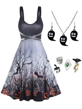 Bat Pumpkin Tree Branch Print Sequined Dress And Ghost Necklace Earrings Rings Set Halloween Outfit