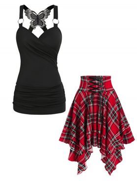 Ruched Butterfly Lace Surplice Tank Top And Plaid Print Lace Up Layered Handkerchief Skirt Casual Outfit