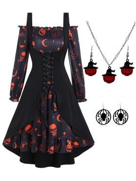 Pumpkin Skull Bat Cat Print Ruffle Dress Lace Up Tank Top And Necklace Earrings Halloween Outfit