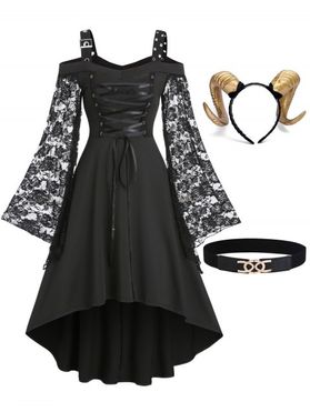 Floral Lace Cold Shoulder Long Sleeve Lace Up High Low Midi Dress And Cow Horns Hairband PU Belt Gothic Outfit