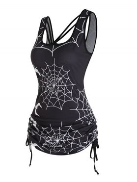 Halloween Bat Spider Web Print Tank Top Cinched Tie Side Long Tank Top