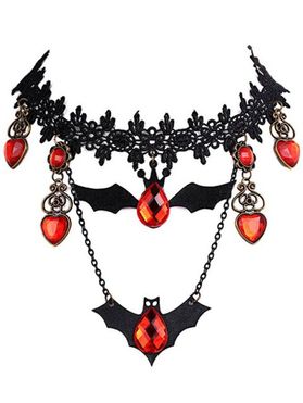 Halloween Waterdrop Heart Rhinestone Bat Lace Choker Necklace