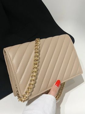 Quilted Plain Color Rectangle Magentic Closure Chain Crossbody Bag