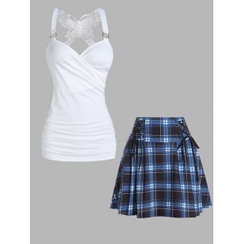

Ruched Butterfly Lace Surplice Tank Top And Plaid Print Lace Up Pleated Mini Skirt Casual Outfit, Multicolor