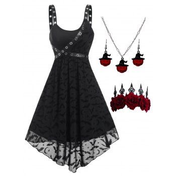 

Bat Crescent Stars Mesh Dress And Rose Tiara Pumpkin With Hat Necklace Earrings Set Gothic Outfit, Black