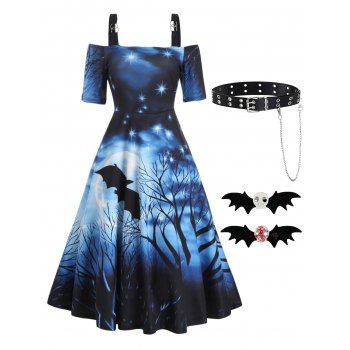 

Bat Moon Night Print Cold Shoulder Midi Dress With Buckle Chain PU Belt And Hair Clips Halloween Outfit, Blue