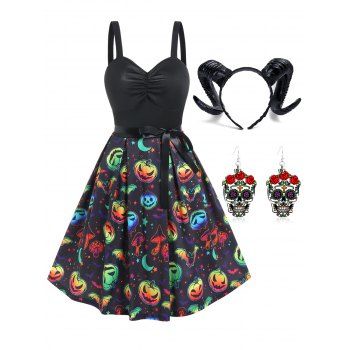 

Mushroom Pumpkin Print Belted Ruched A Line Dress And Cow Horns Hairband And Skull Earrings Halloween Outfit, Black