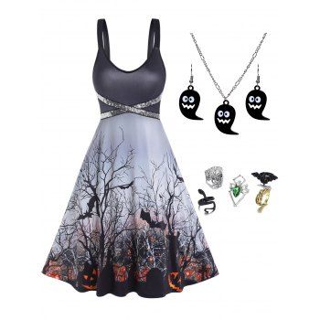 

Bat Pumpkin Tree Branch Print Sequined Dress And Ghost Necklace Earrings Rings Set Halloween Outfit, Multicolor