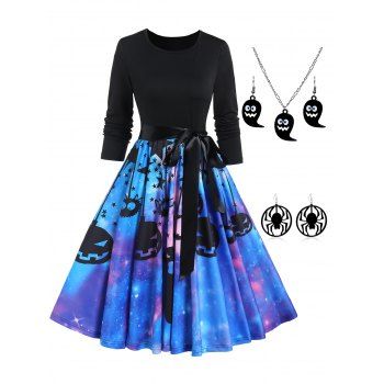

Halloween Outfit Pumpkin Star Galaxy Print Long Sleeve Belted Dress Necklace Earrings Jewelry Set, Multicolor