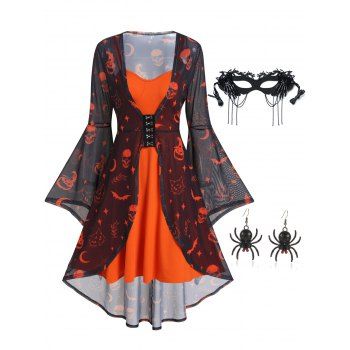 

Halloween Pumpkin Bat Cat Moon Print Bell Sleeve See Thru Asymmetric Dress And Butterfly Skeleton Party Mask Spider Earrings Outfit, Multicolor