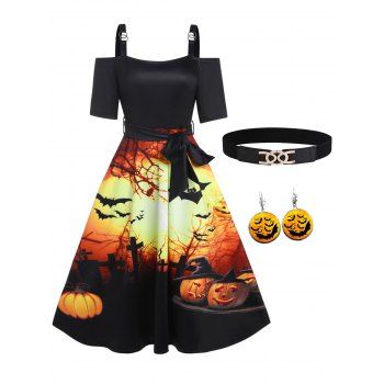 

Halloween Outfit Pumpkin Moon Night Print Cold Shoulder A Line Dress And Bat Pattern Earrings Belt Set, Multicolor
