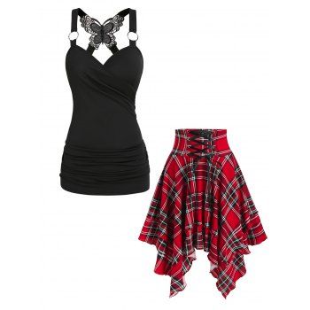 

Ruched Butterfly Lace Surplice Tank Top And Plaid Print Lace Up Layered Handkerchief Skirt Casual Outfit, Multicolor