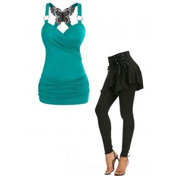 

Ruched Butterfly Lace Surplice Tank Top And Plain Lace Up Asymmetrical Skirted Leggings Casual Outfit, Multicolor