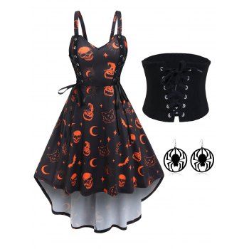 

Halloween Pumpkin Skull Moon Bat Print High Low Dress And Lace Up Elastic Wide Waist Belt Earrings Outfit, Black
