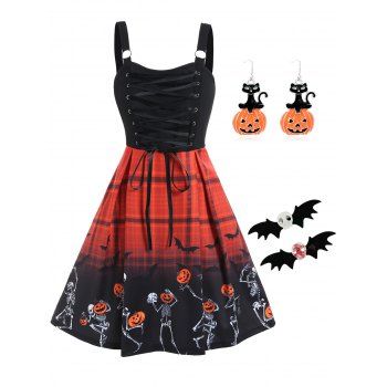 

Skeleton Pumpkin Plaid Print Colorblock Lace Up Dress And Hair Clips Earrings Halloween Outfit, Multicolor