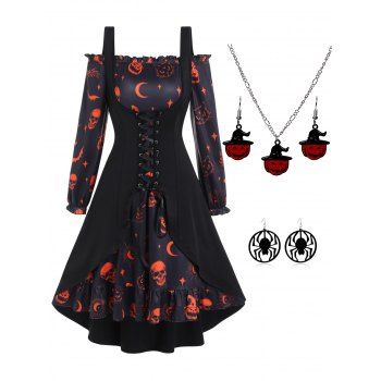Pumpkin Skull Bat Cat Print Ruffle Dress Lace Up Tank Top And Necklace Earrings Halloween Outfit S Black