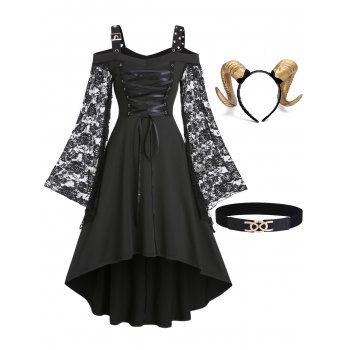 

Floral Lace Cold Shoulder Long Sleeve Lace Up High Low Midi Dress And Cow Horns Hairband PU Belt Gothic Outfit, Black