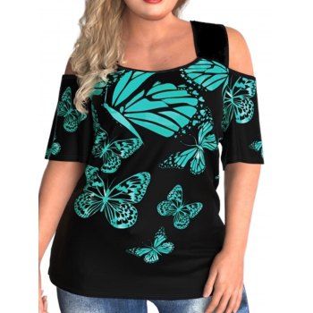 

Plus Size T Shirt Butterfly Print Cold Shoulder T Shirt Casual Tee, Deep green