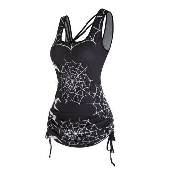 

Halloween Bat Spider Web Print Tank Top Cinched Tie Side Long Tank Top, Black