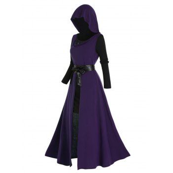 

High Slit Longline Hooded Top And Flower Lace Insert Long Sleeve Mini Tee Dress Two Piece Set, Purple