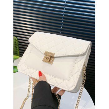 

Solid Color Topstitching Rhombus Twist Lock PU Chain Crossbody Bag, White