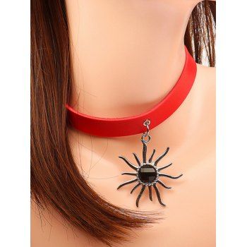 

Gothic Choker Sun Pendant Faux Leather Punk Necklace, Red