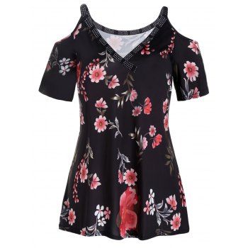 

Cold Shoulder Blouse Flower Polka Dots Print Blouse Short Sleeve Plunge Blouse, Black