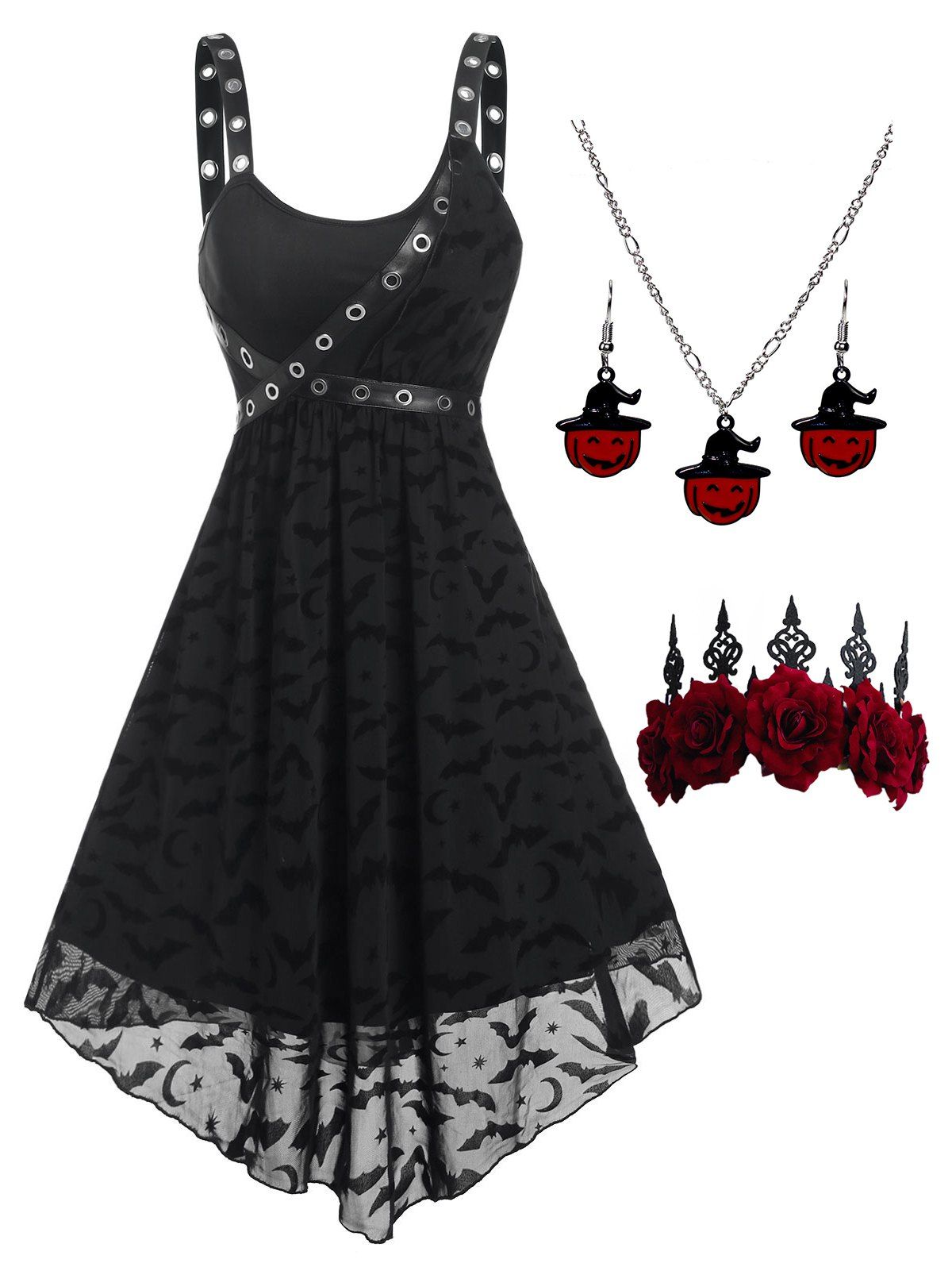 Bat Crescent Stars Mesh Dress And Rose Tiara Pumpkin With Hat Necklace Earrings Set Gothic Outfit - BLACK S