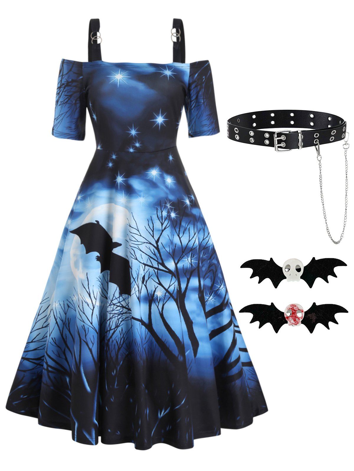 Bat Moon Night Print Cold Shoulder Midi Dress With Buckle Chain PU Belt And Hair Clips Halloween Outfit - BLUE S