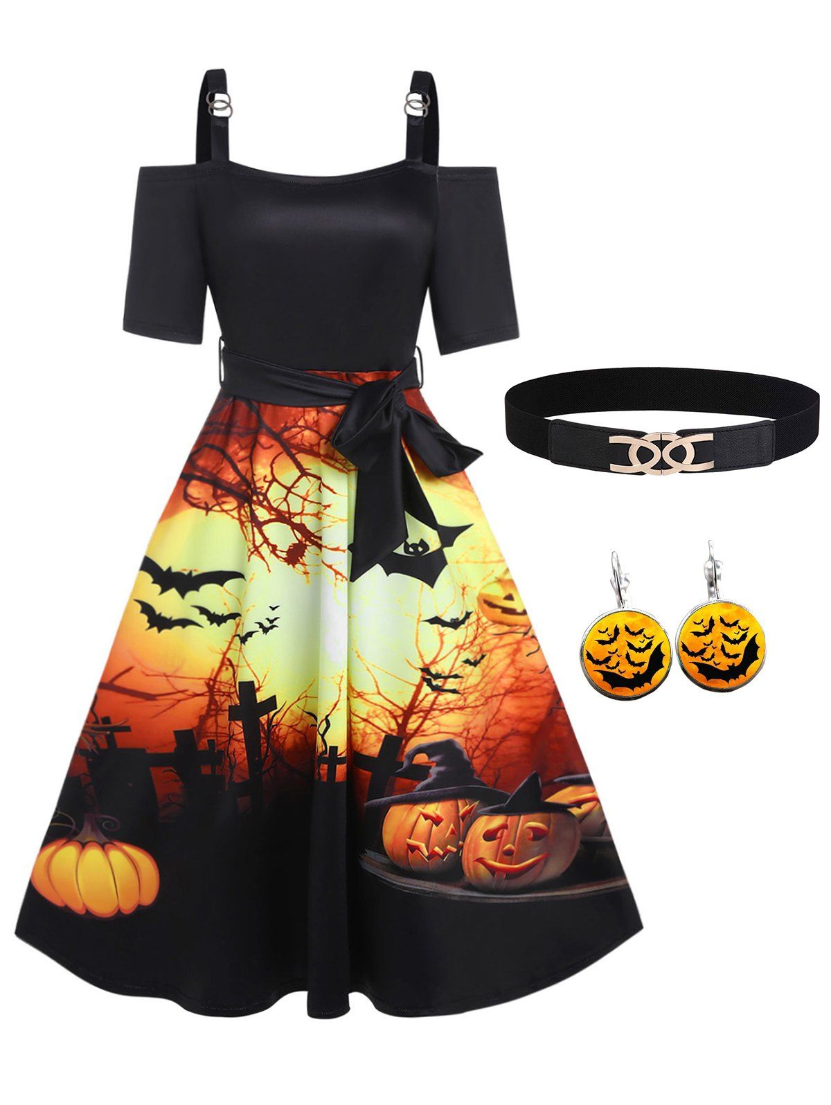 Halloween Outfit Pumpkin Moon Night Print Cold Shoulder A Line Dress And Bat Pattern Earrings Belt Set - multicolor S