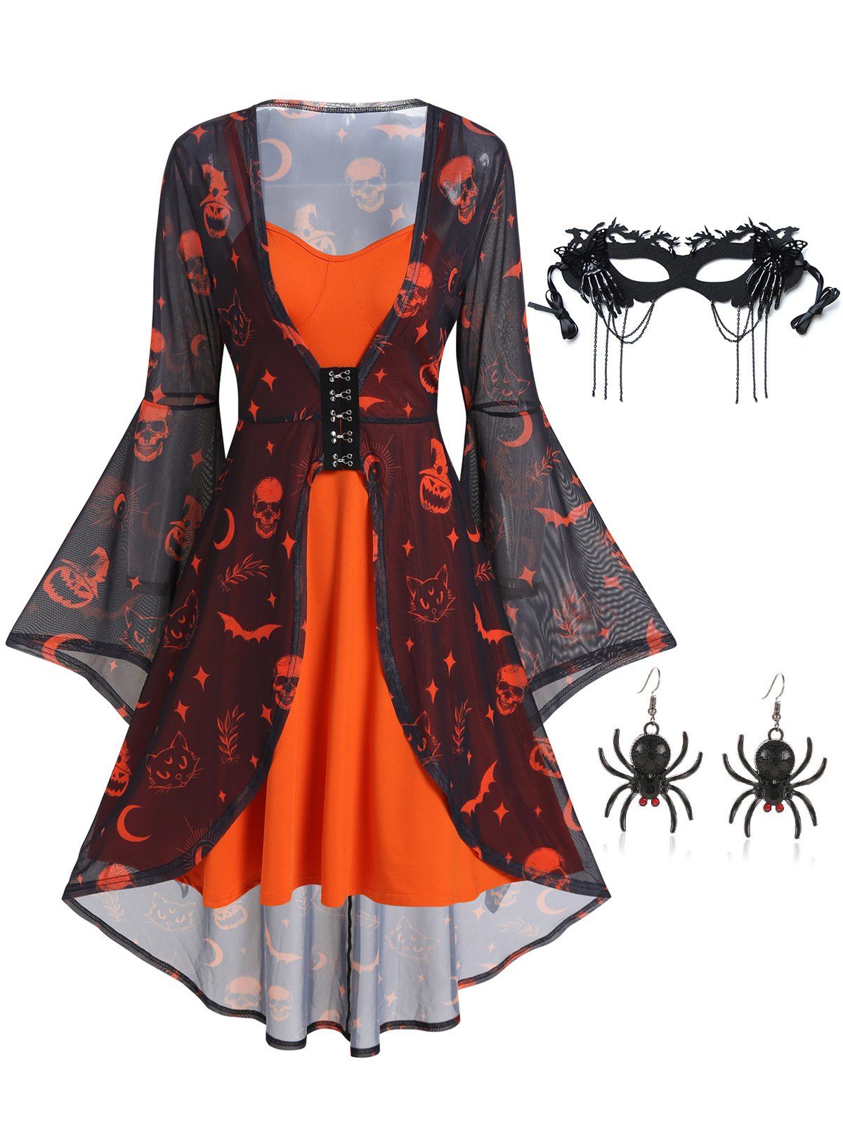 Halloween Pumpkin Bat Cat Moon Print Bell Sleeve See Thru Asymmetric Dress And Butterfly Skeleton Party Mask Spider Earrings Outfit - multicolor S